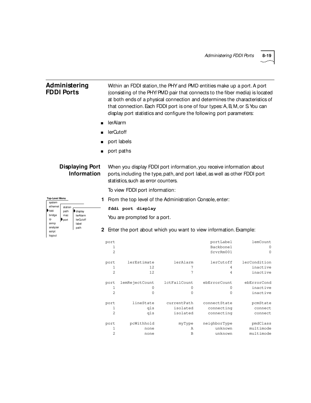 3Com 2200 manual Administering Fddi Ports, Displaying Port Information 
