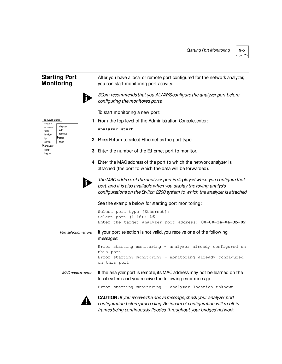 3Com 2200 manual Starting Port, Monitoring, You can start monitoring port activity 