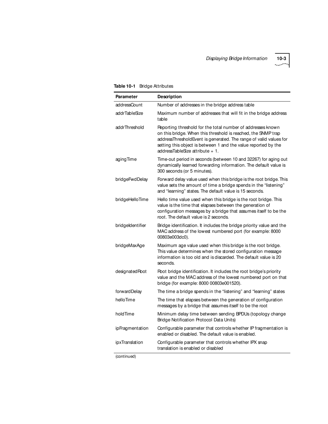 3Com 2200 AddrThreshold, AddressTableSize attribute +, AgingTime, Seconds or 5 minutes, BridgeFwdDelay, BridgeHelloTime 