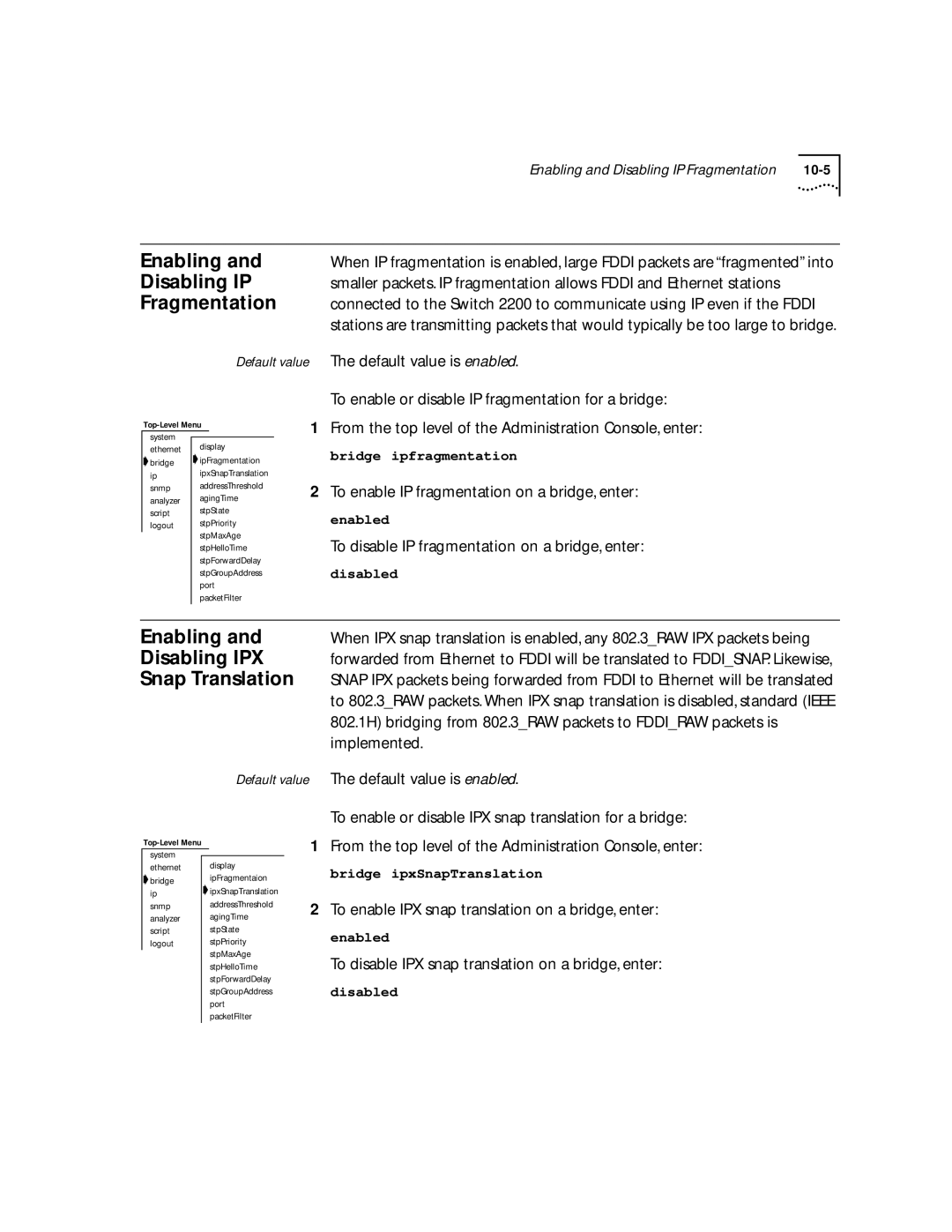 3Com 2200 manual Enabling, Fragmentation, Disabling IPX, Snap Translation 