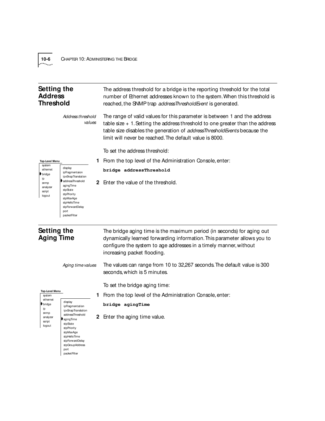 3Com 2200 manual Setting, Address, Threshold, Aging Time 