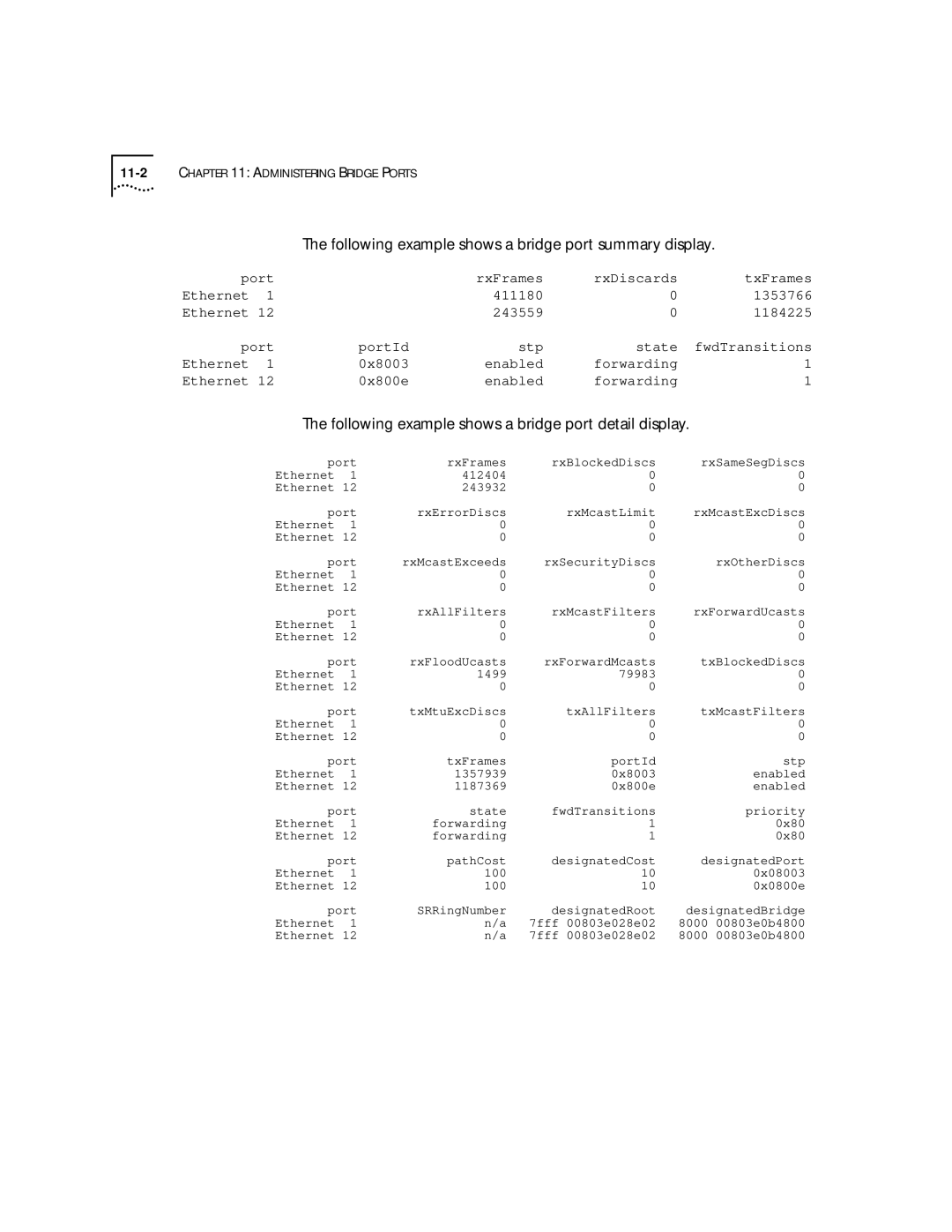 3Com 2200 Following example shows a bridge port summary display, Following example shows a bridge port detail display 