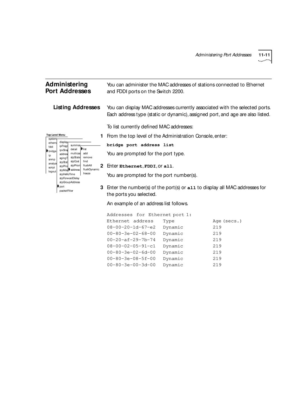 3Com 2200 manual Administering Port Addresses, Listing Addresses 