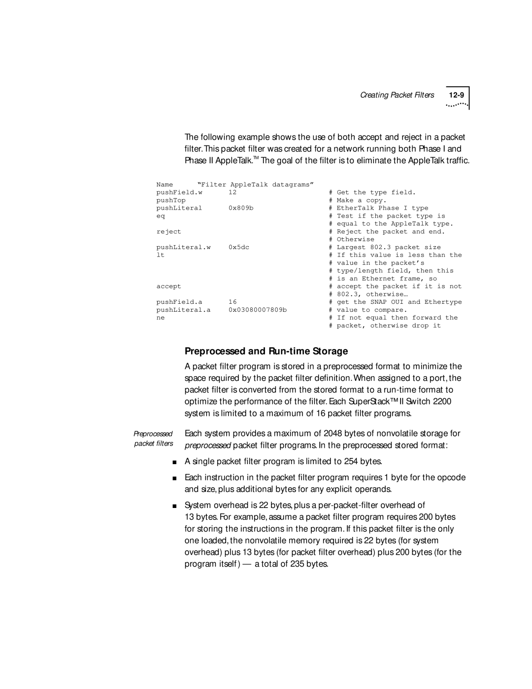 3Com 2200 manual Preprocessed and Run-time Storage, Creating Packet Filters 12-9 