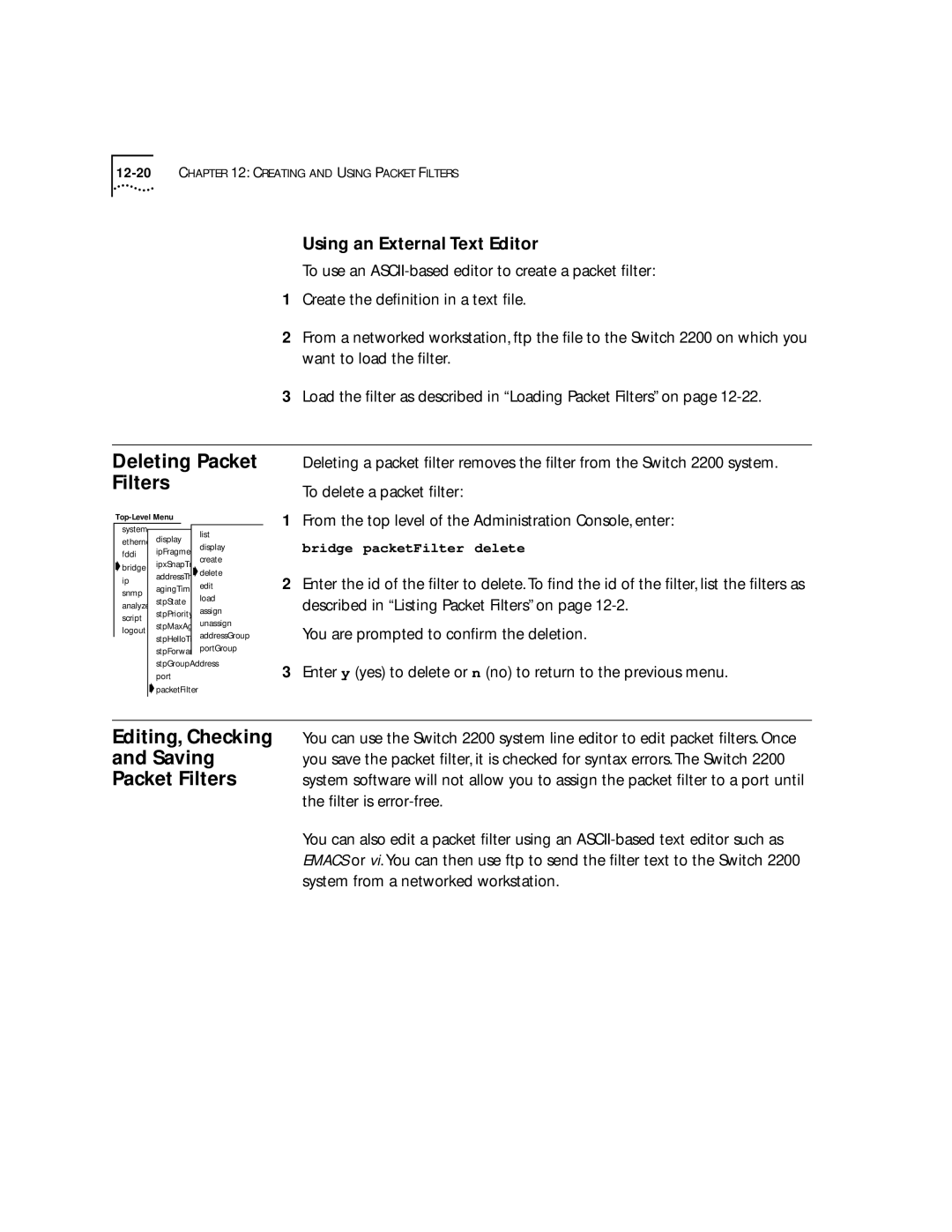 3Com 2200 manual Deleting Packet Filters, Editing, Checking, Saving 