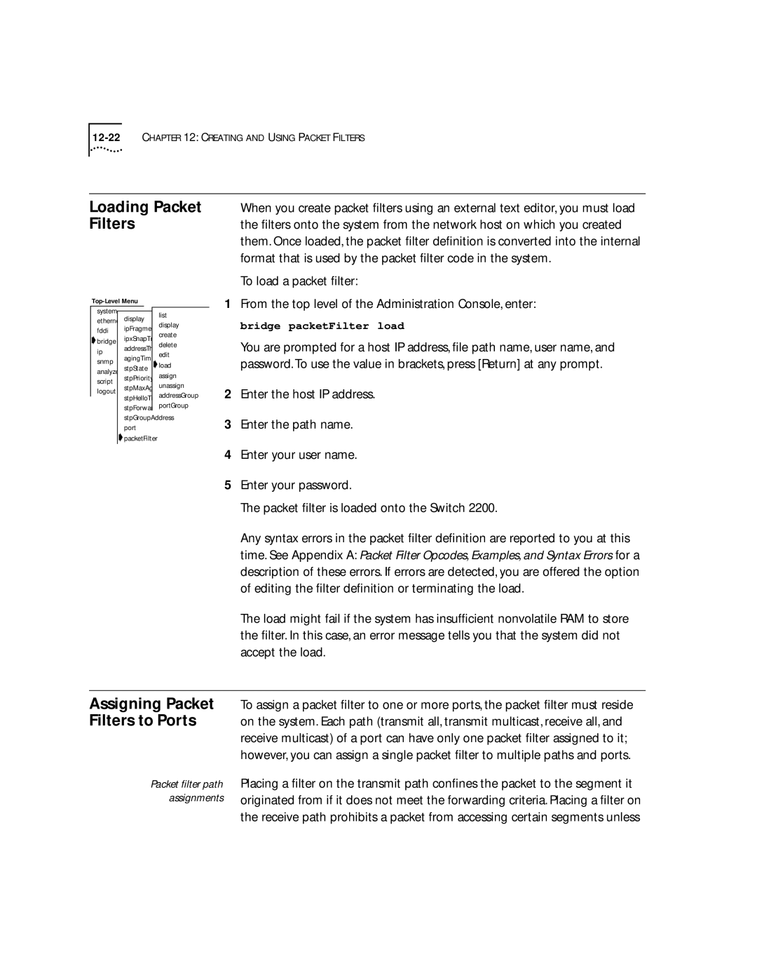 3Com 2200 manual Loading Packet Filters, Bridge packetFilter load 
