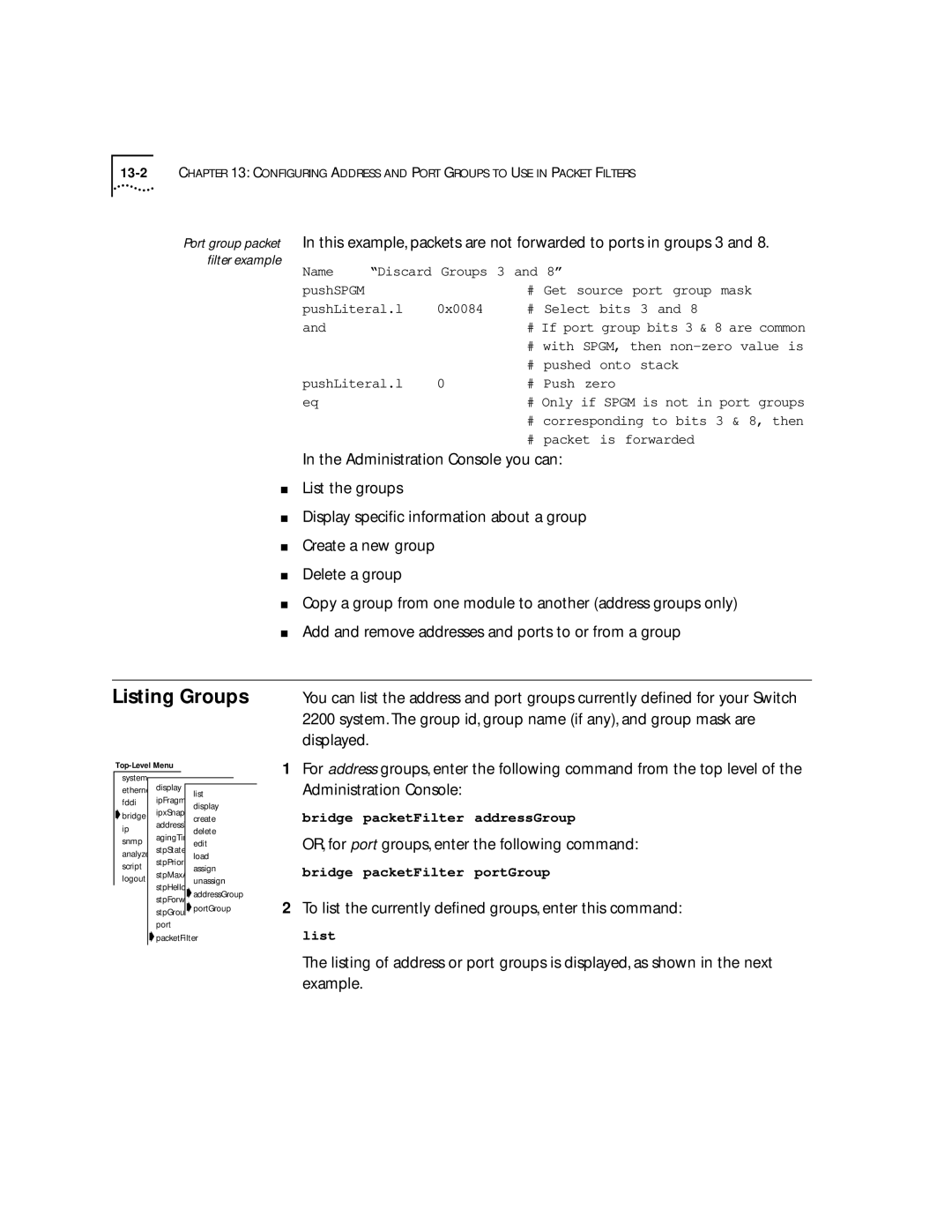 3Com 2200 manual OR, for port groups, enter the following command, To list the currently deﬁned groups, enter this command 