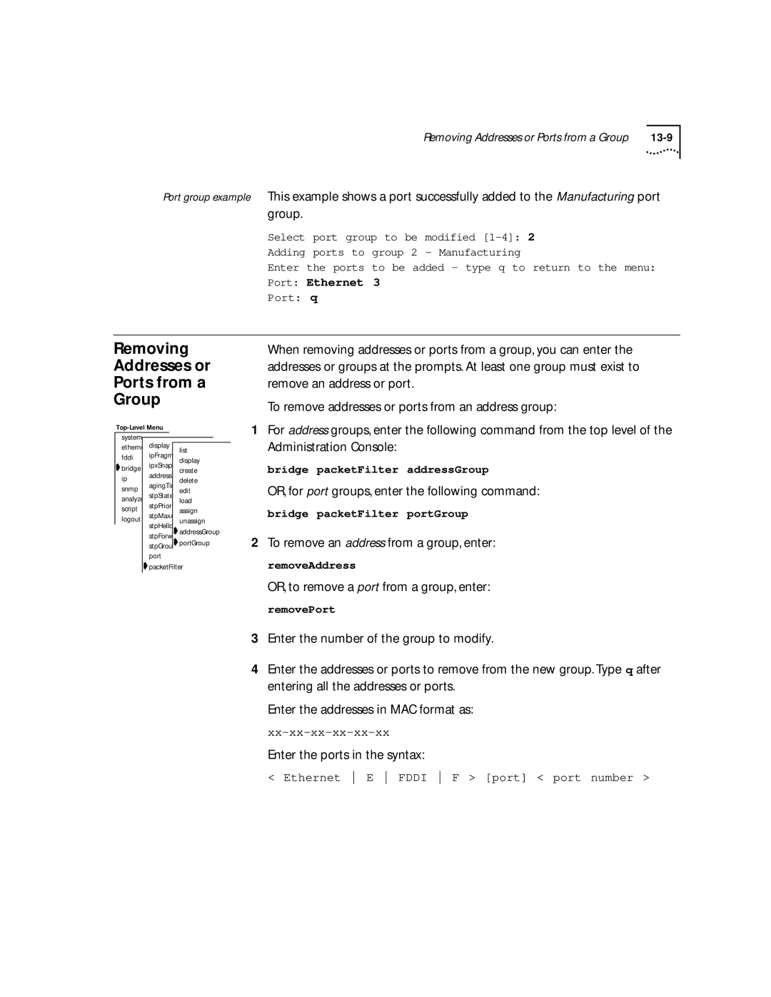 3Com 2200 manual Removing Addresses or Ports from a Group, To remove an address from a group, enter 