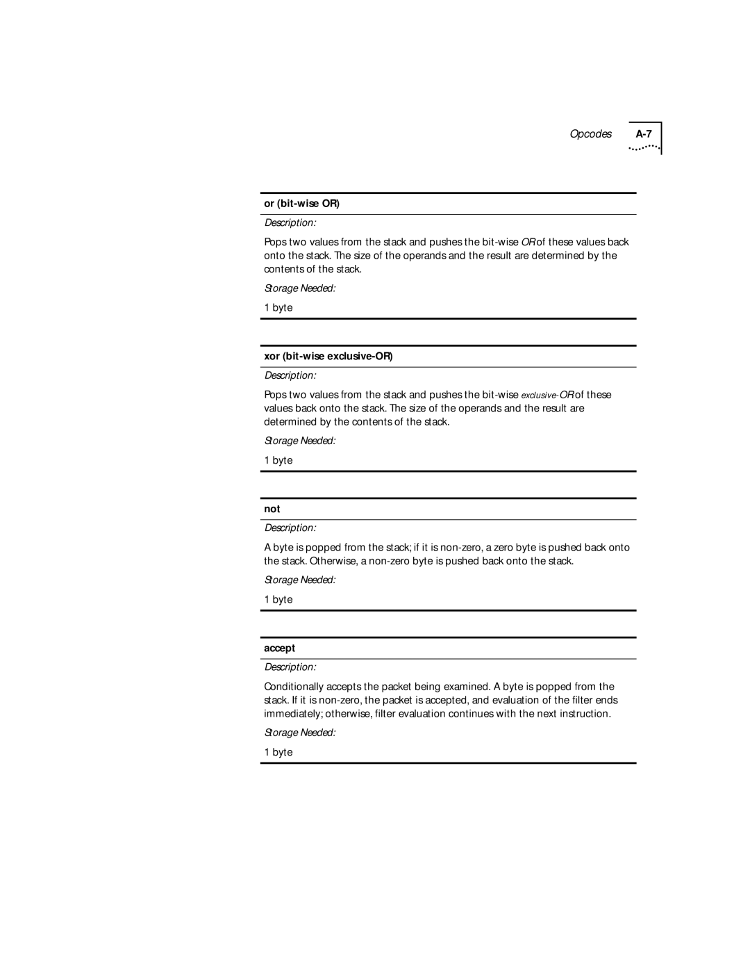 3Com 2200 manual Or bit-wise or, Byte Xor bit-wise exclusive-OR, Byte Not, Byte Accept 