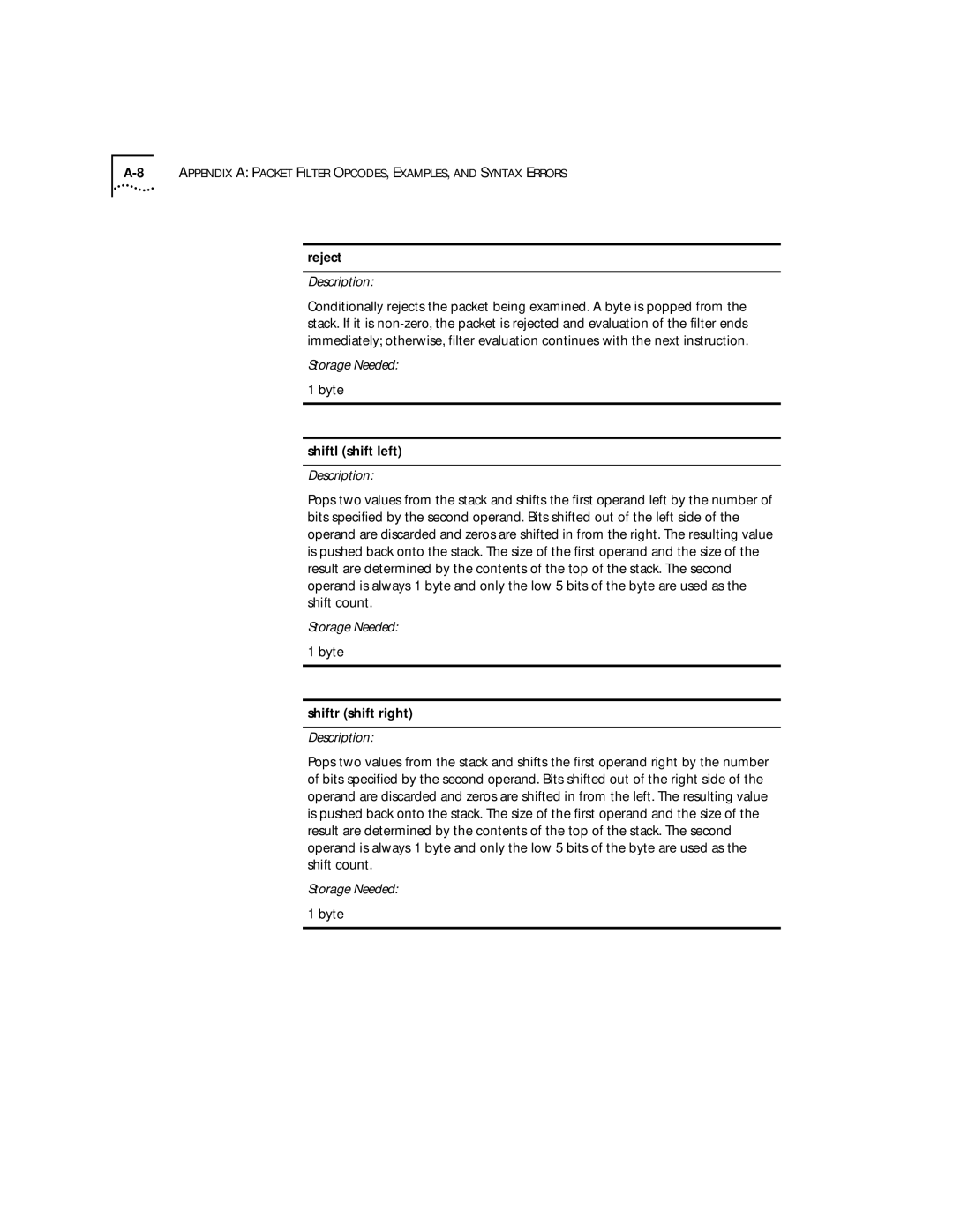 3Com 2200 manual Reject, Byte Shiftl shift left, Byte Shiftr shift right 