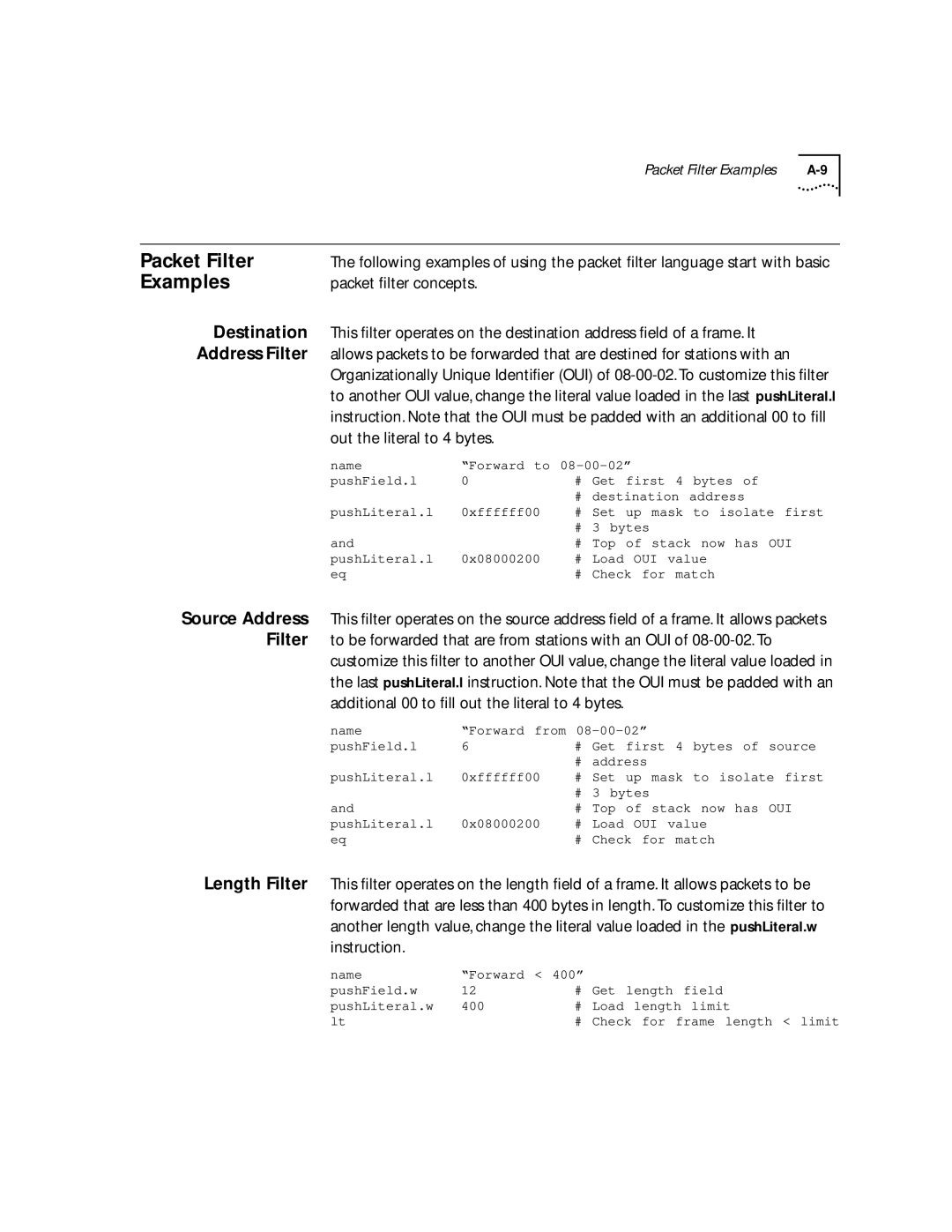 3Com 2200 manual Packet Filter, Examples, Packet ﬁlter concepts 