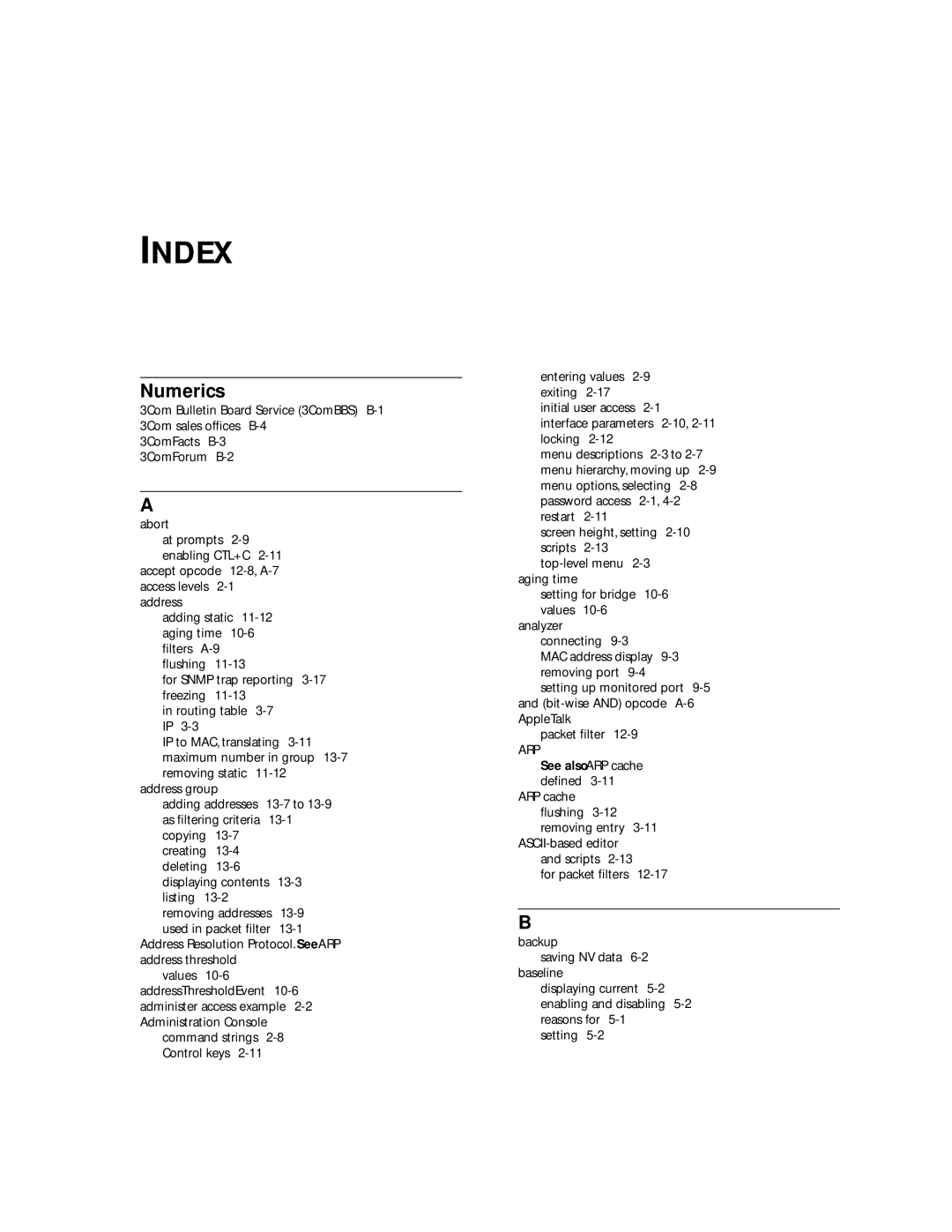 3Com 2200 manual Index, 3ComFacts B-3 3ComForum B-2 Abort, Address Resolution Protocol. See ARP address threshold 
