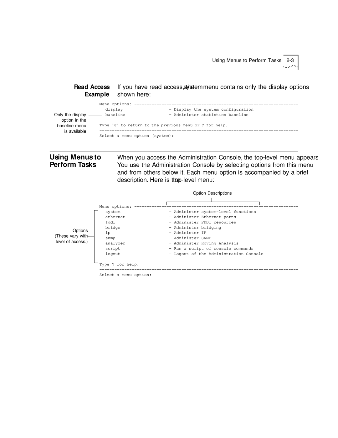 3Com 2200 manual Using Menus to Perform Tasks 