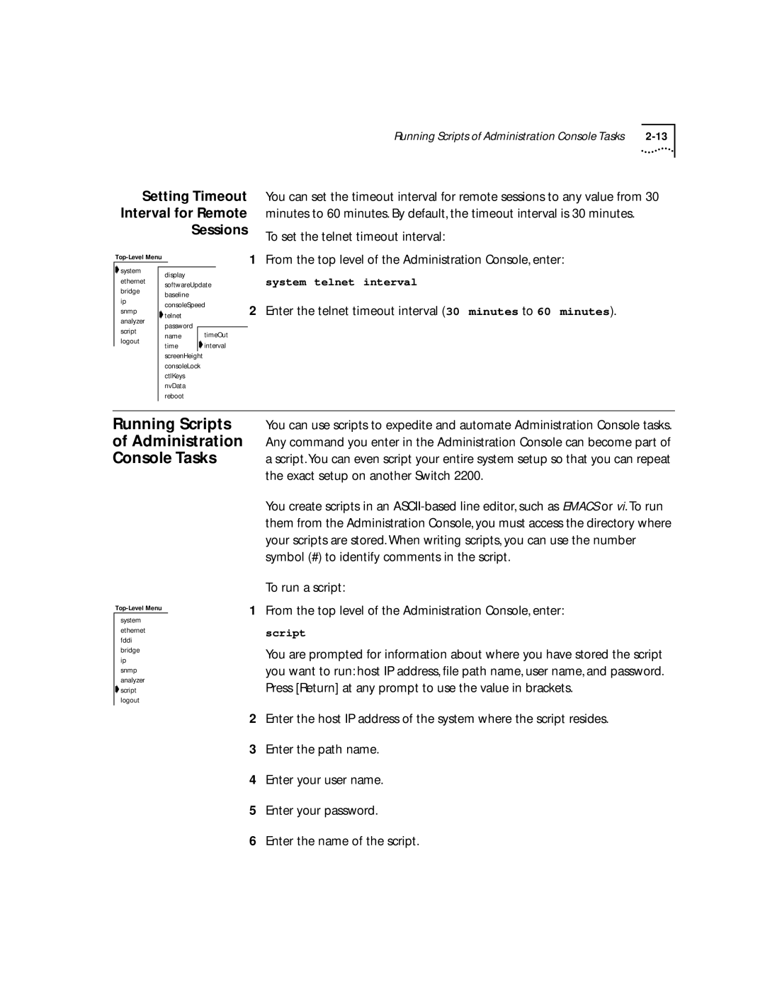 3Com 2200 manual Running Scripts Administration Console Tasks, Setting Timeout Interval for Remote Sessions 