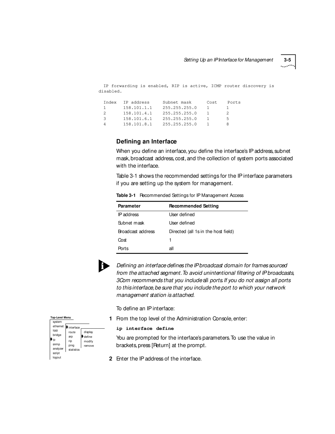 3Com 2200 manual Directed all 1s in the host field, Cost Ports All, Broadcast address 