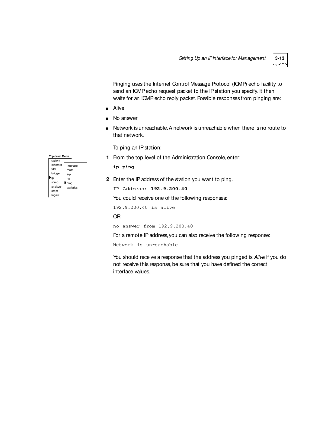 3Com 2200 manual Enter the IP address of the station you want to ping, You could receive one of the following responses 