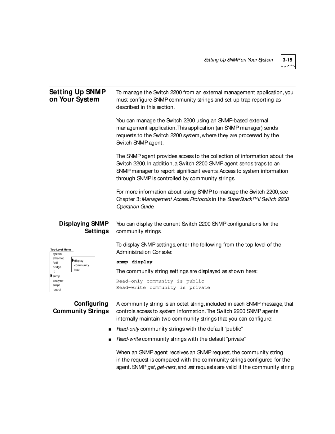 3Com 2200 Setting Up Snmp on Your System, Displaying Snmp Settings, Community string settings are displayed as shown here 