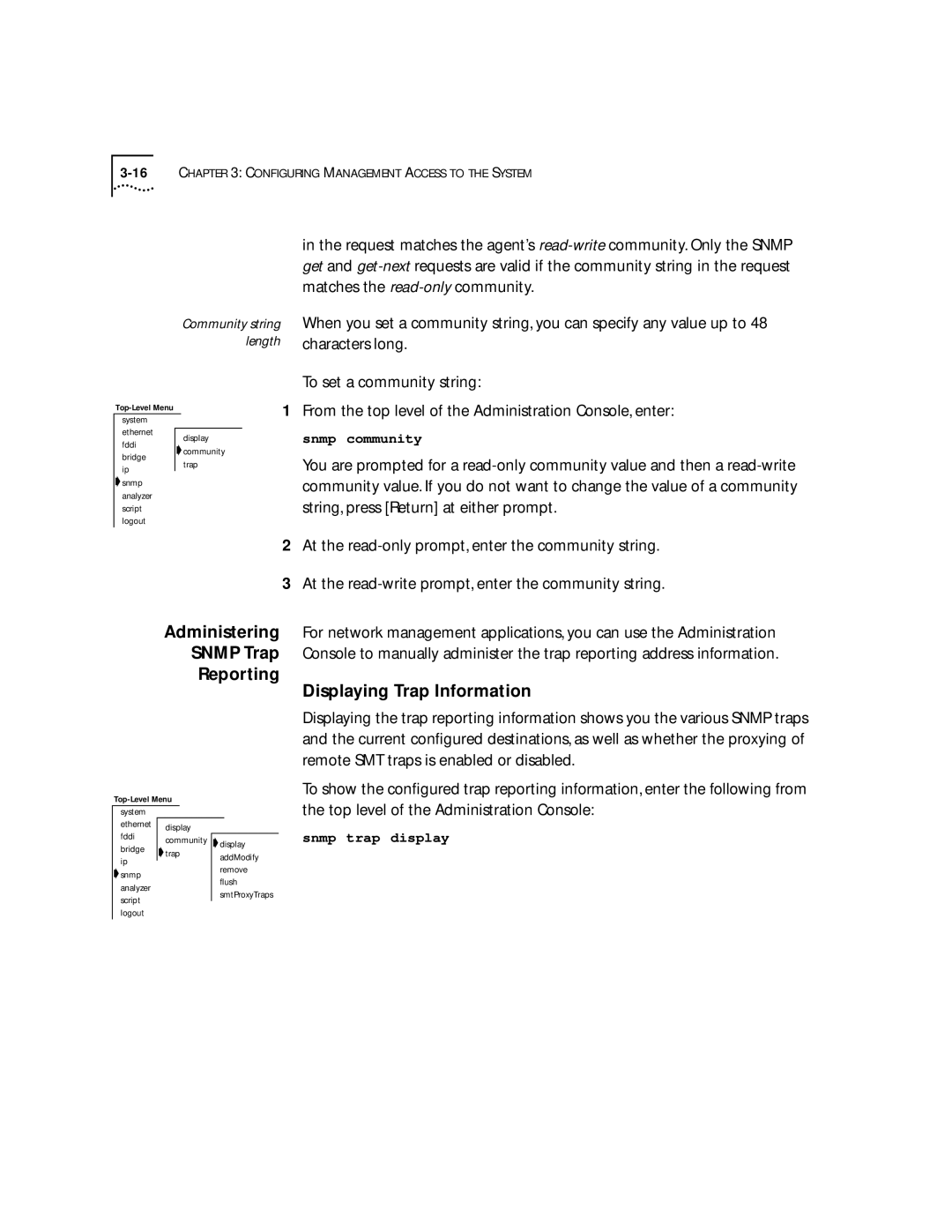 3Com 2200 manual Administering Snmp Trap Reporting, Community string length 