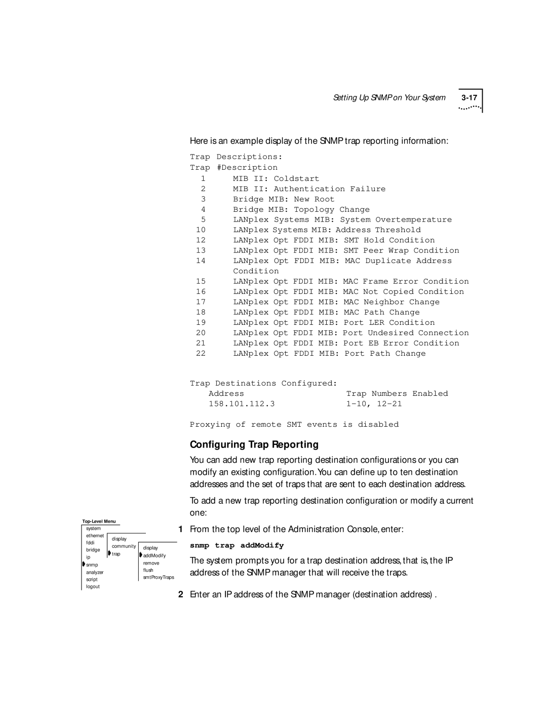 3Com 2200 manual Conﬁguring Trap Reporting, Enter an IP address of the Snmp manager destination address 