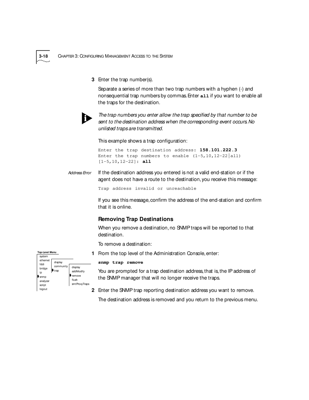 3Com 2200 manual This example shows a trap conﬁguration, Trap address invalid or unreachable 