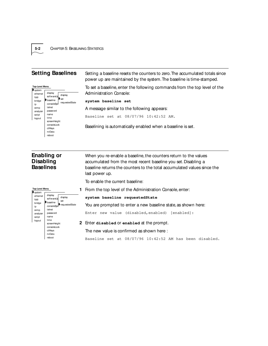 3Com 2200 manual Setting Baselines, Enabling or Disabling Baselines, Message similar to the following appears 