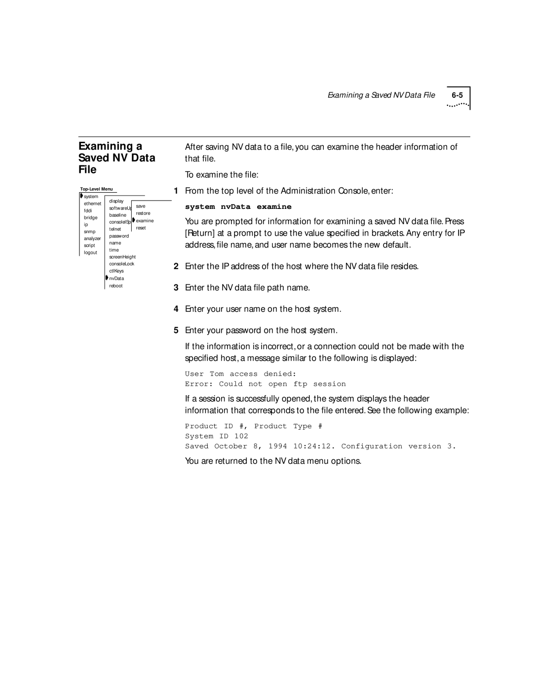 3Com 2200 manual Examining a Saved NV Data File, You are returned to the NV data menu options 