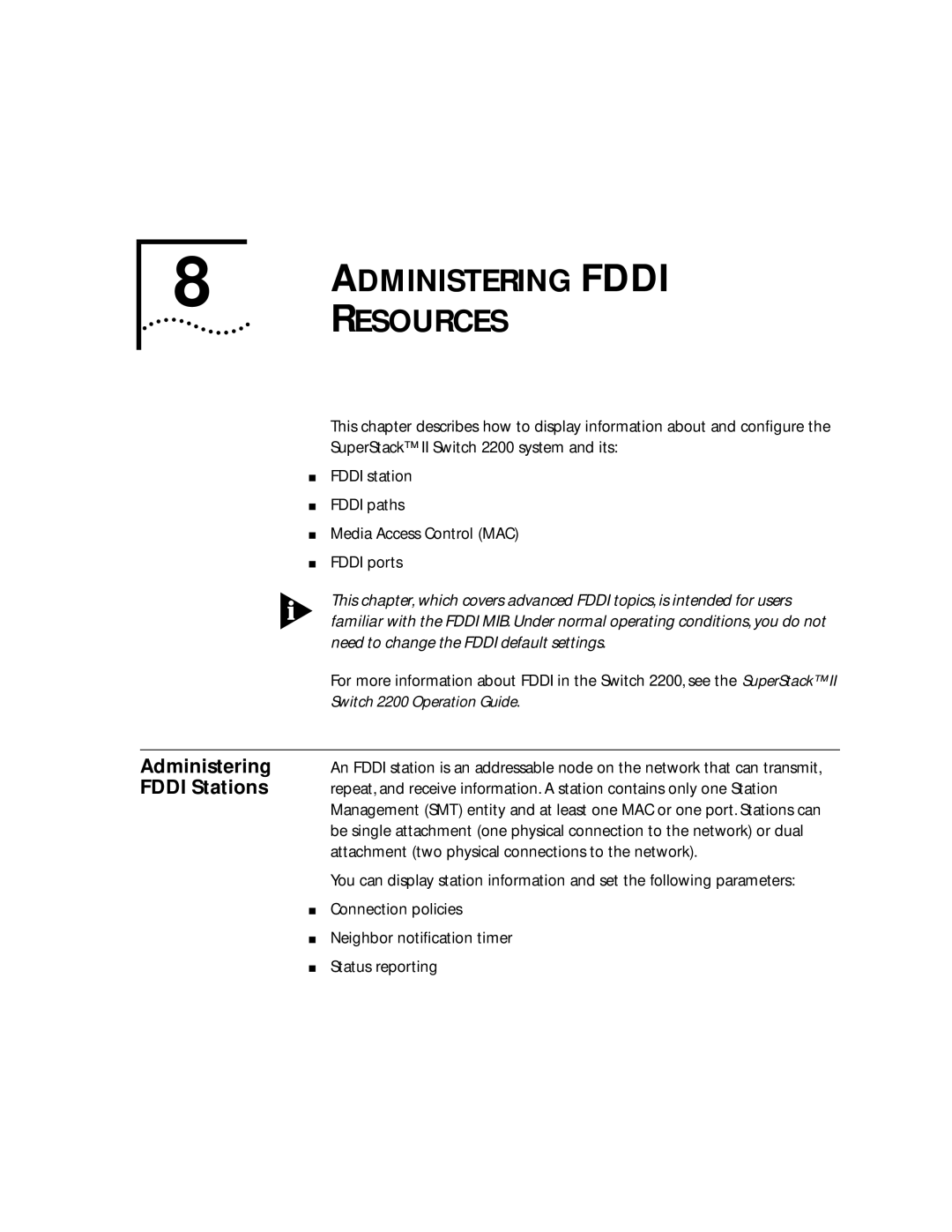 3Com 2200 manual Resources, Administering, Fddi Stations 