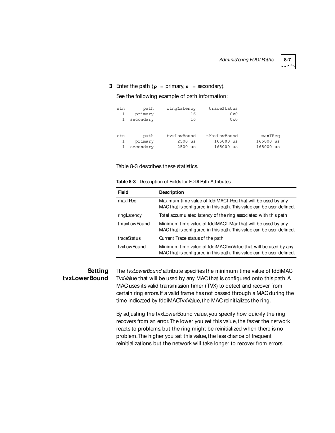 3Com 2200 manual Description of Fields for Fddi Path Attributes MaxTReq, RingLatency, TmaxLowBound 