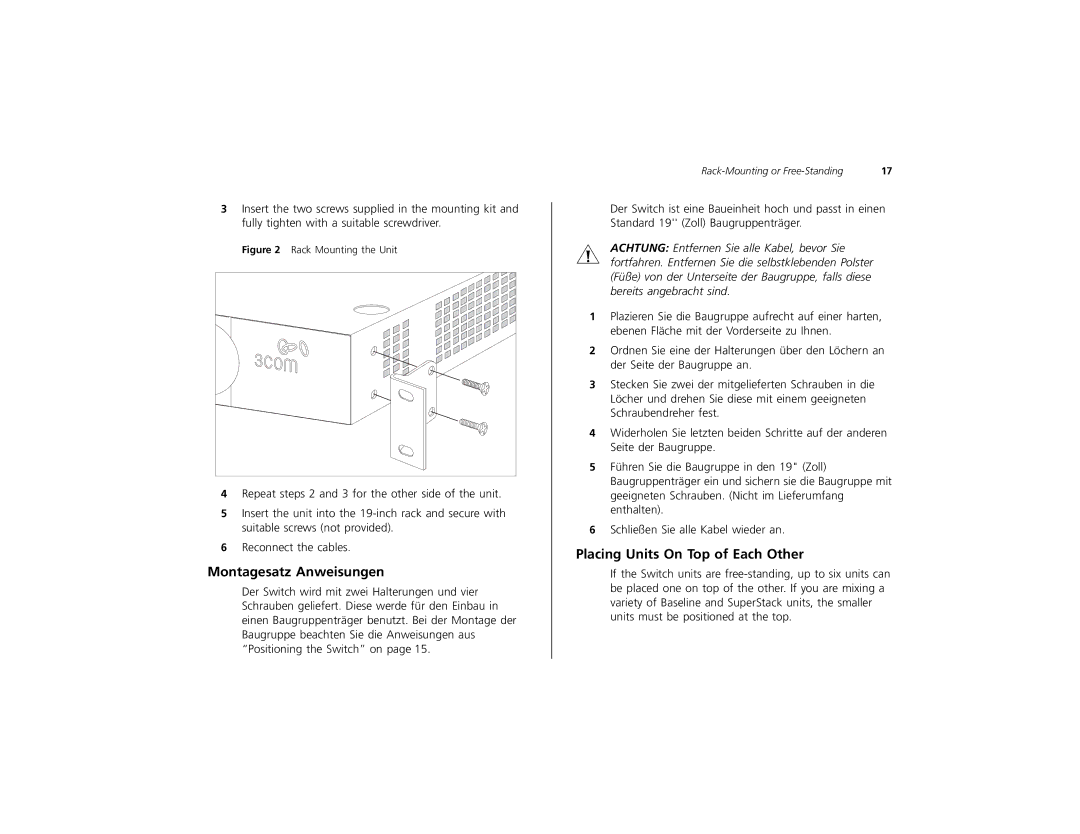 3Com 2226 PLUS manual Montagesatz Anweisungen, Placing Units On Top of Each Other 