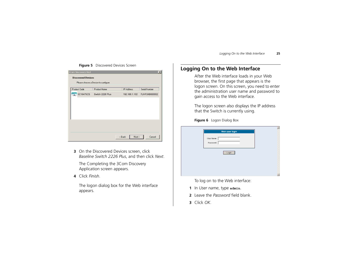 3Com 2226 PLUS manual Logging On to the Web Interface, Discovered Devices Screen 