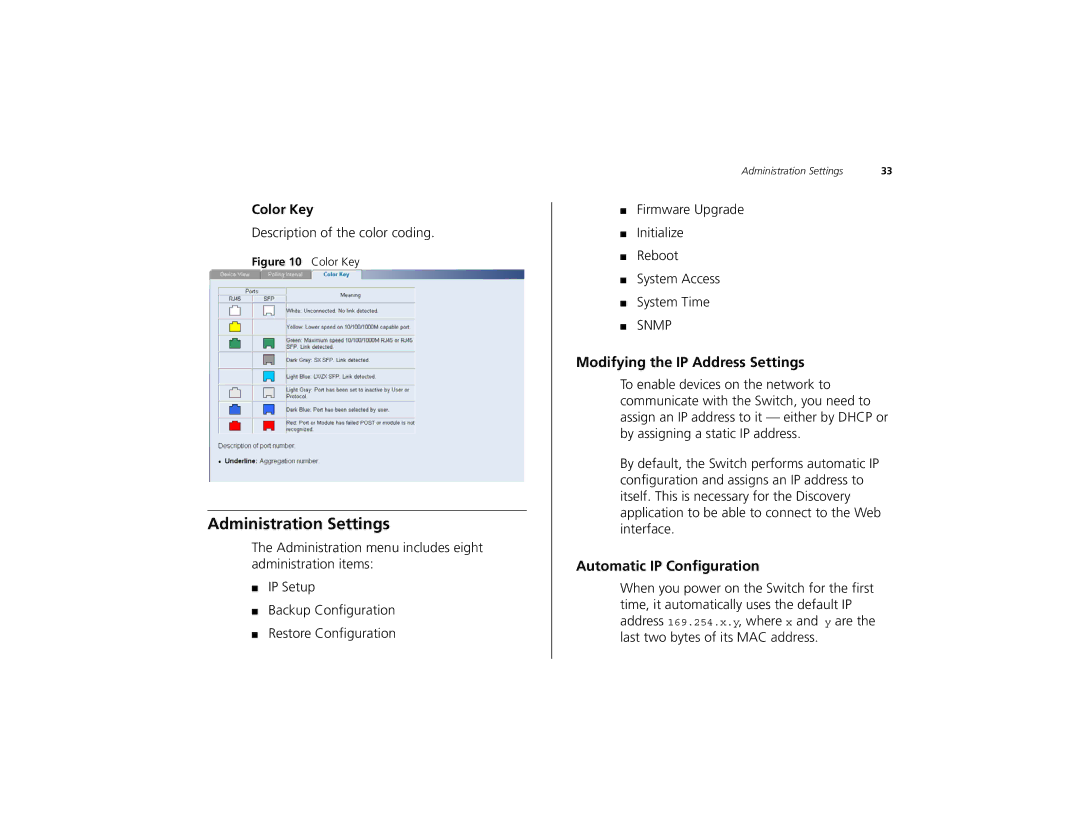 3Com 2226 PLUS manual Administration Settings, Modifying the IP Address Settings, Automatic IP Configuration, Color Key 