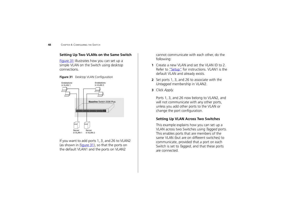 3Com 2226 PLUS manual Setting Up Two VLANs on the Same Switch, Setting Up Vlan Across Two Switches 