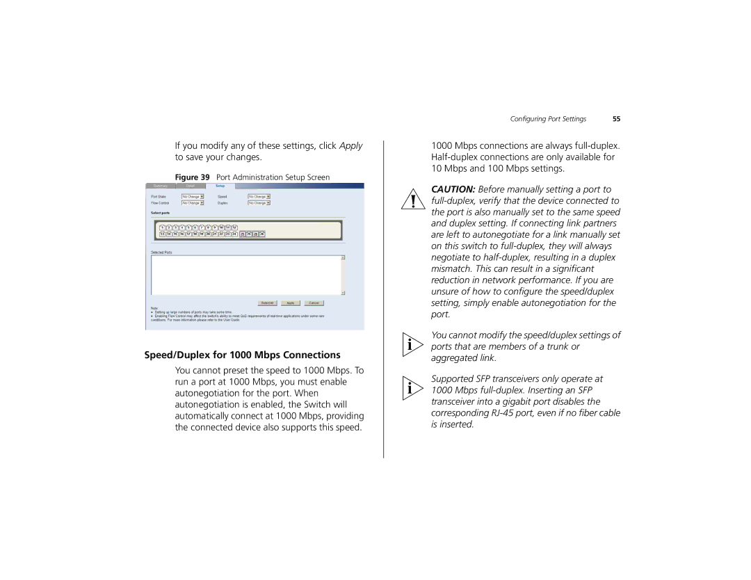 3Com 2226 PLUS manual Speed/Duplex for 1000 Mbps Connections, Port Administration Setup Screen 