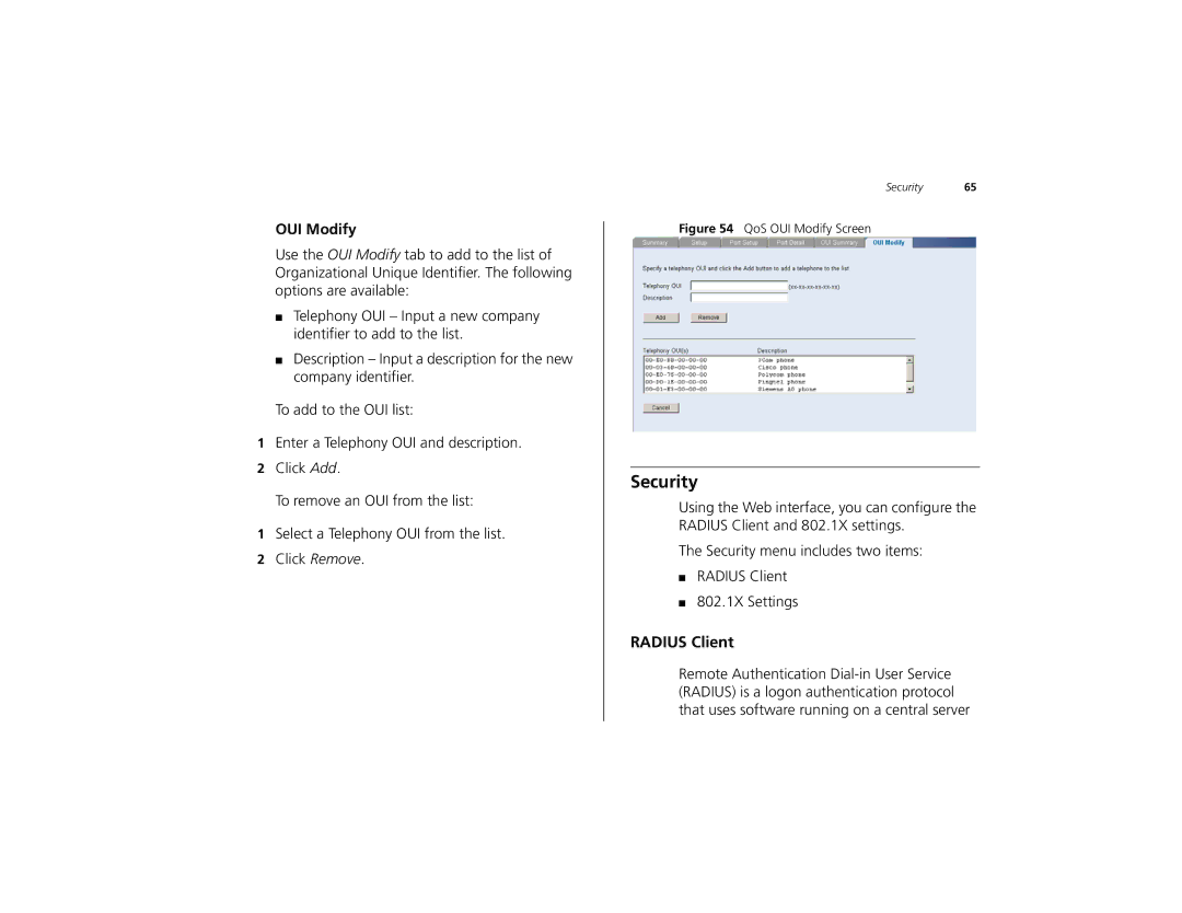 3Com 2226 PLUS manual Security, Radius Client, OUI Modify 