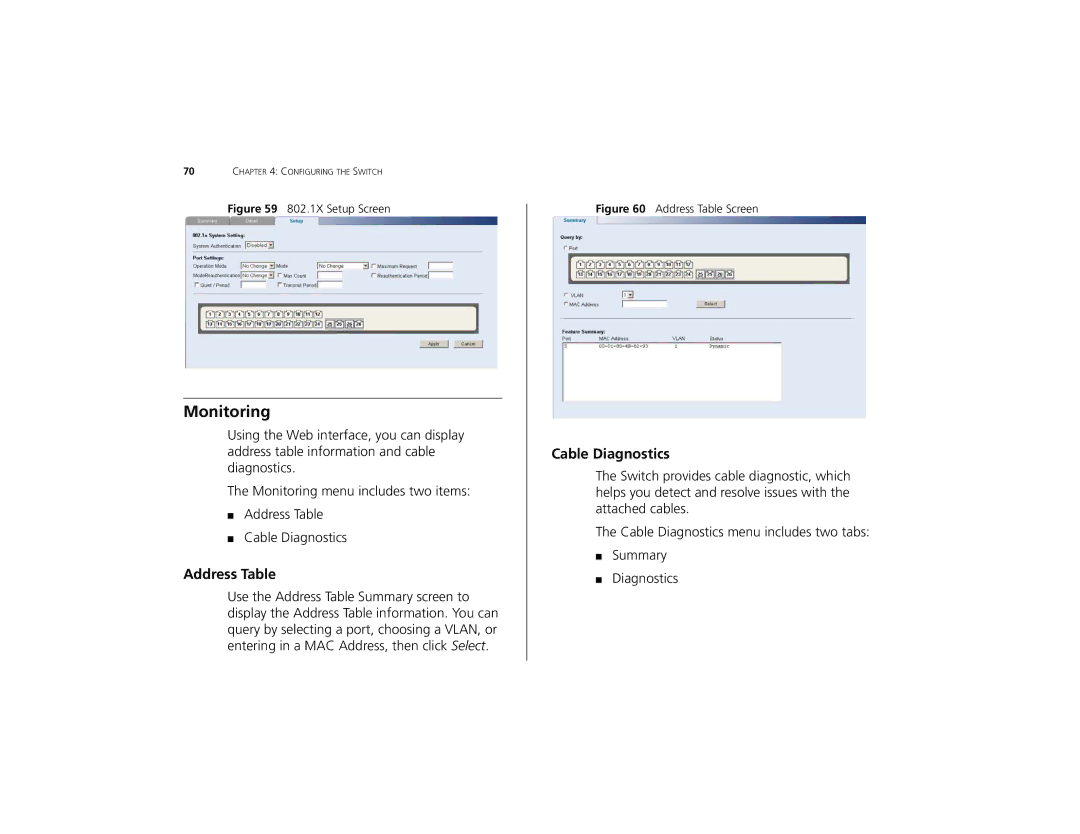 3Com 2226 PLUS manual Monitoring, Address Table, Cable Diagnostics 