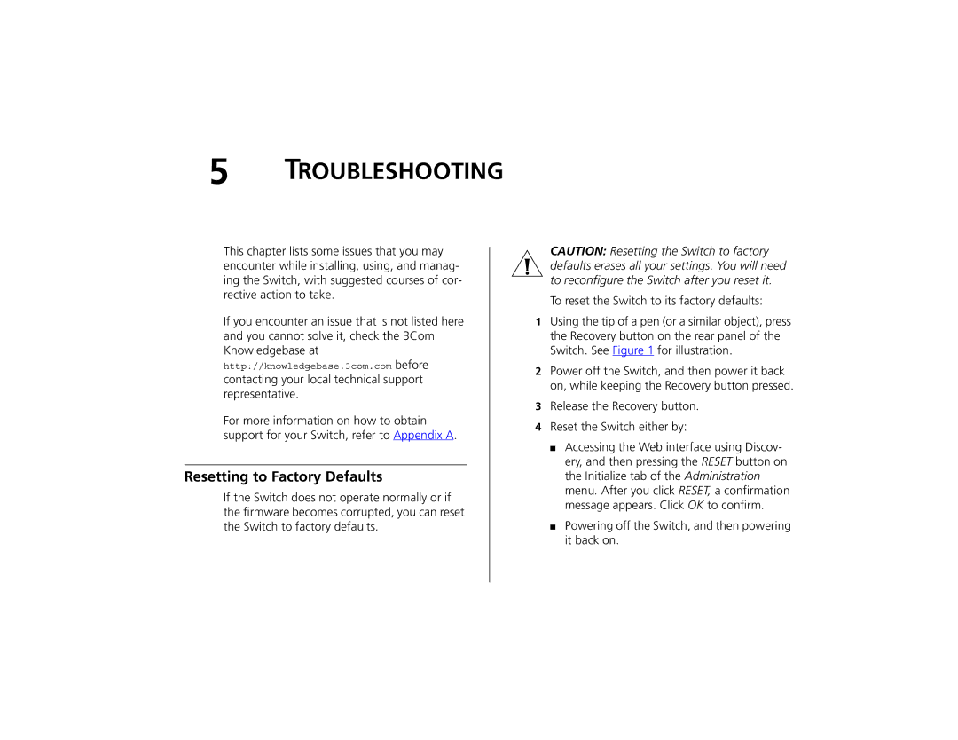 3Com 2226 PLUS manual Troubleshooting, Resetting to Factory Defaults 