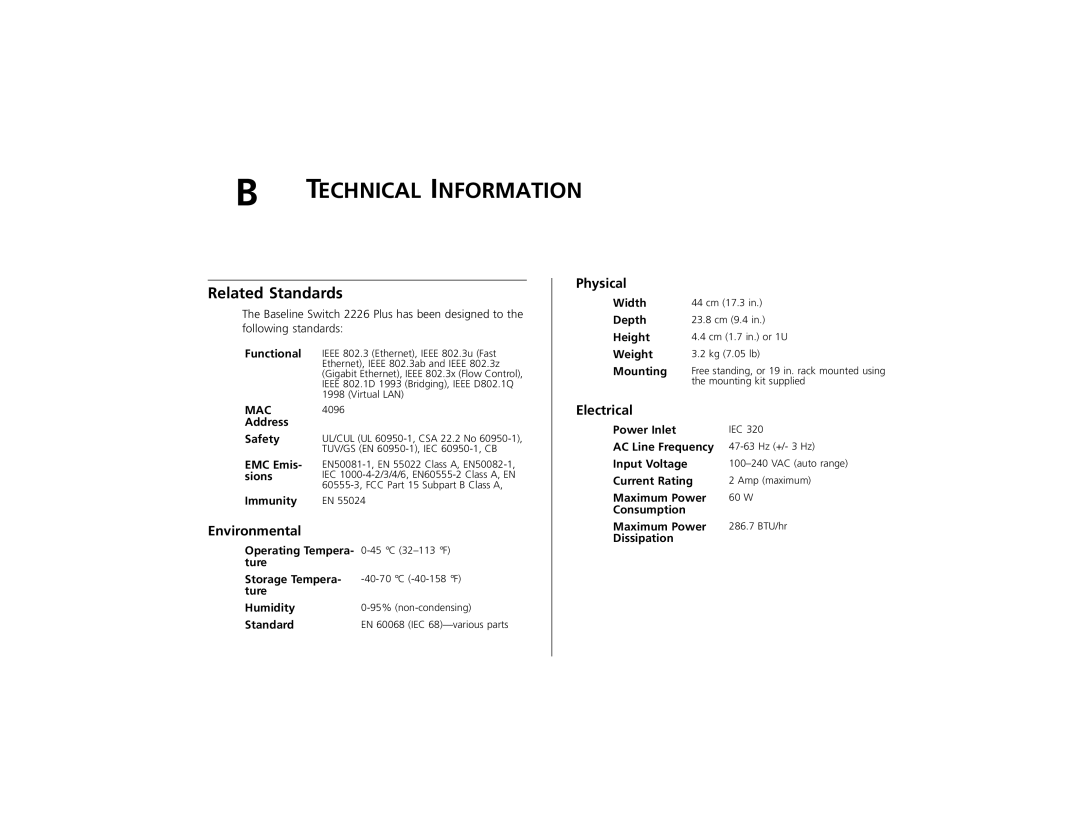 3Com 2226 PLUS manual Related Standards, Environmental, Physical, Electrical 