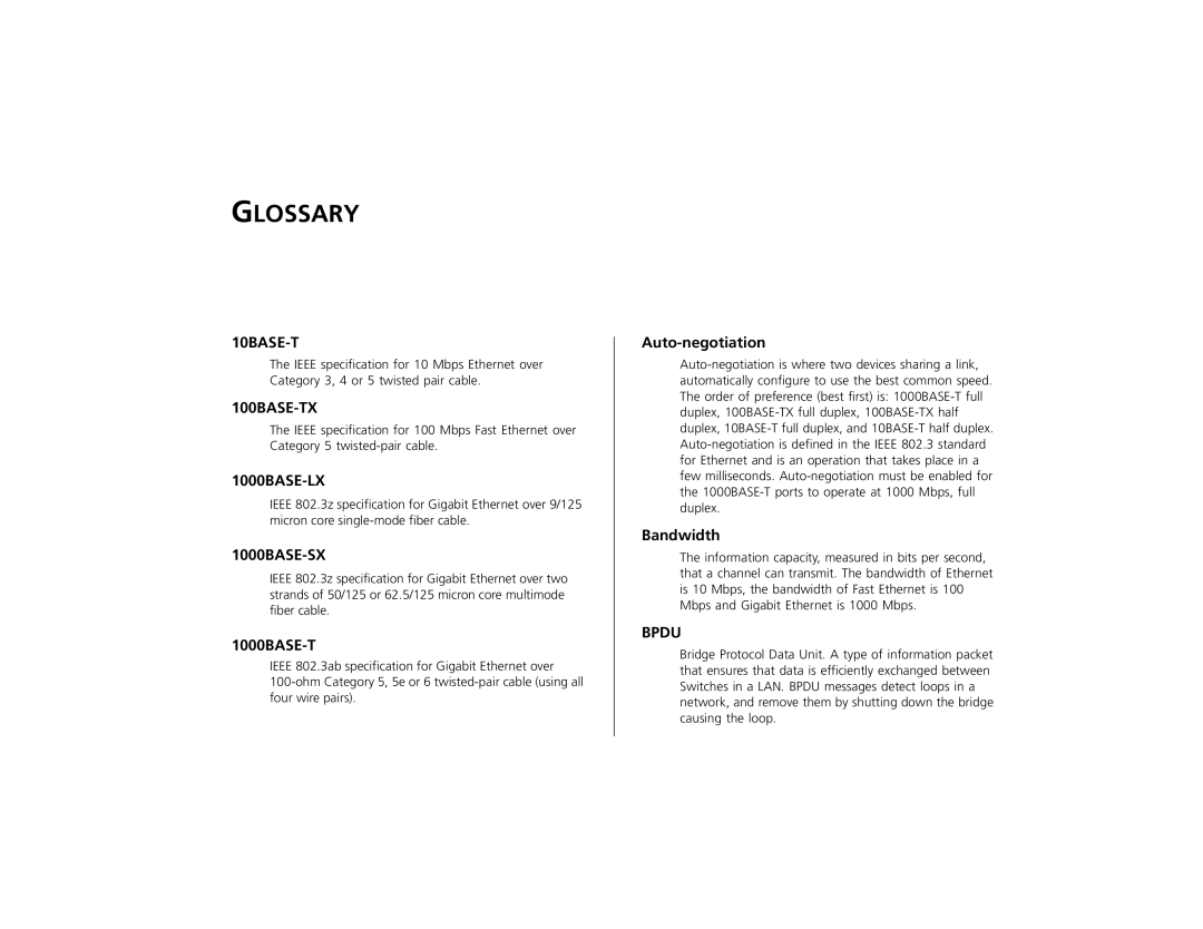 3Com 2226 PLUS manual 1000BASE-T, Auto-negotiation, Bandwidth 