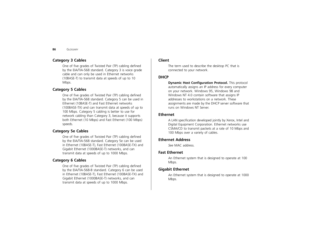 3Com 2226 PLUS manual Category 3 Cables, Category 5 Cables, Category 5e Cables, Category 6 Cables, Client, Ethernet 