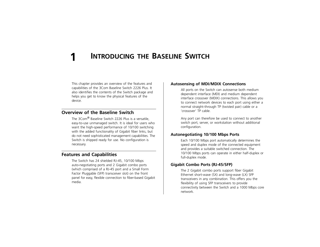 3Com 2226 PLUS manual Overview of the Baseline Switch, Features and Capabilities, Autosensing of MDI/MDIX Connections 