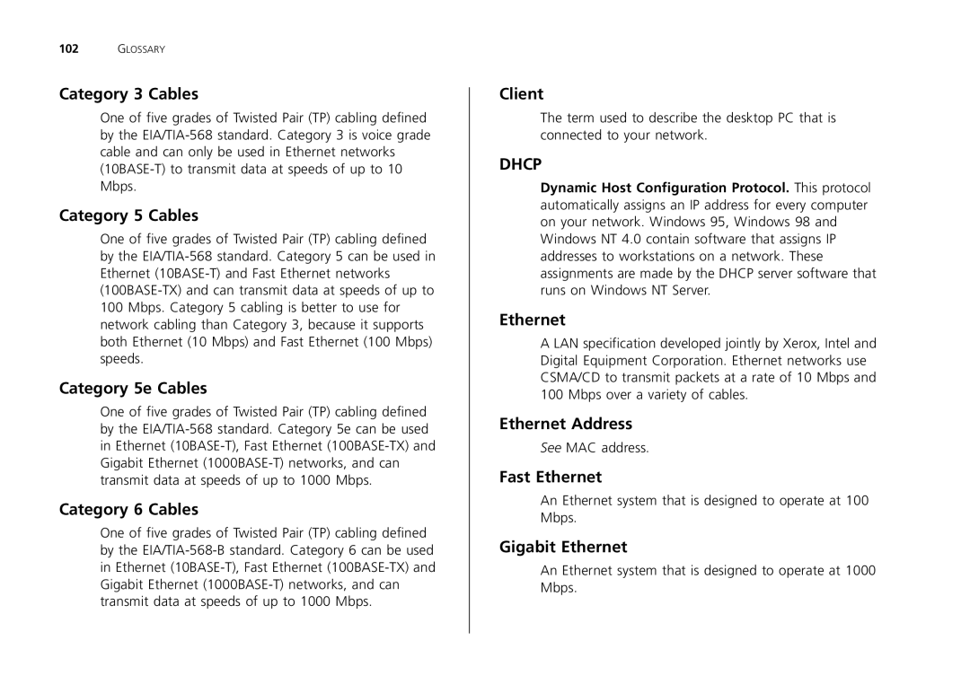 3Com 2226-SFP manual Category 3 Cables, Category 5 Cables, Category 5e Cables, Category 6 Cables, Client, Fast Ethernet 