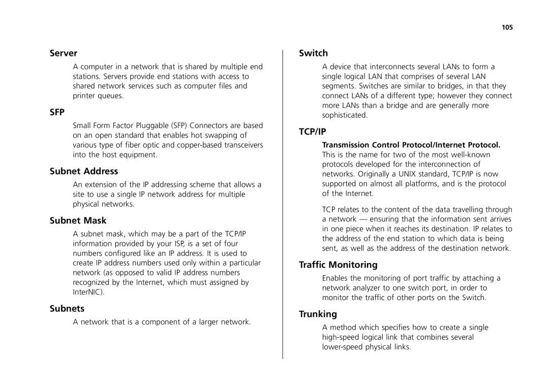 3Com 2226-SFP, 2250-SFP, 2426-PWR manual Server, Subnet Address, Subnet Mask, Subnets, Switch, Traffic Monitoring, Trunking 
