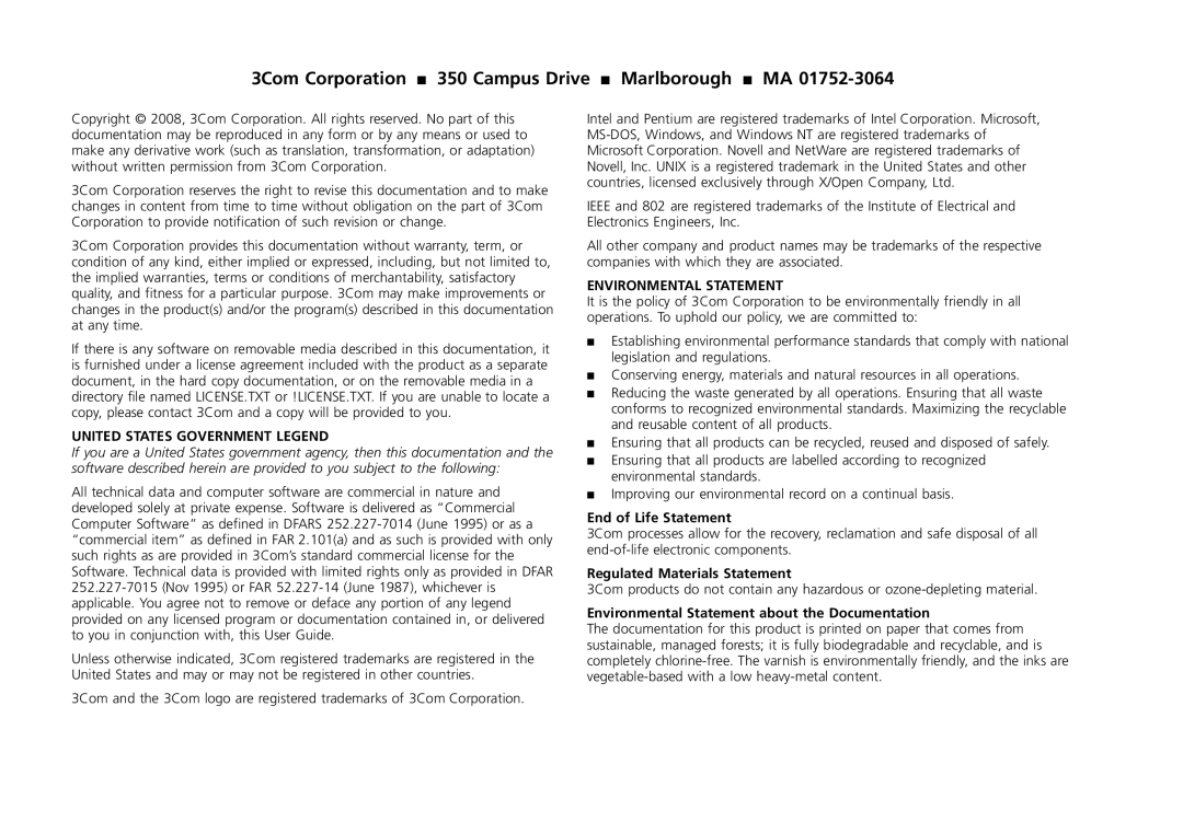 3Com 2426-PWR, 2226-SFP, 2250-SFP manual 3Com Corporation 350 Campus Drive Marlborough MA 