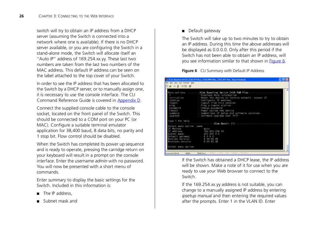 3Com 2426-PWR, 2226-SFP, 2250-SFP manual CLI Summary with Default IP Address 