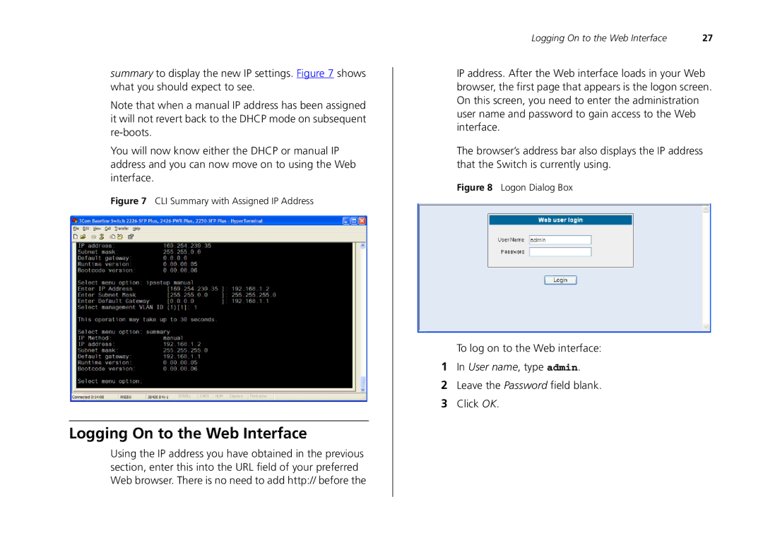 3Com 2226-SFP, 2250-SFP, 2426-PWR manual Logging On to the Web Interface, CLI Summary with Assigned IP Address 