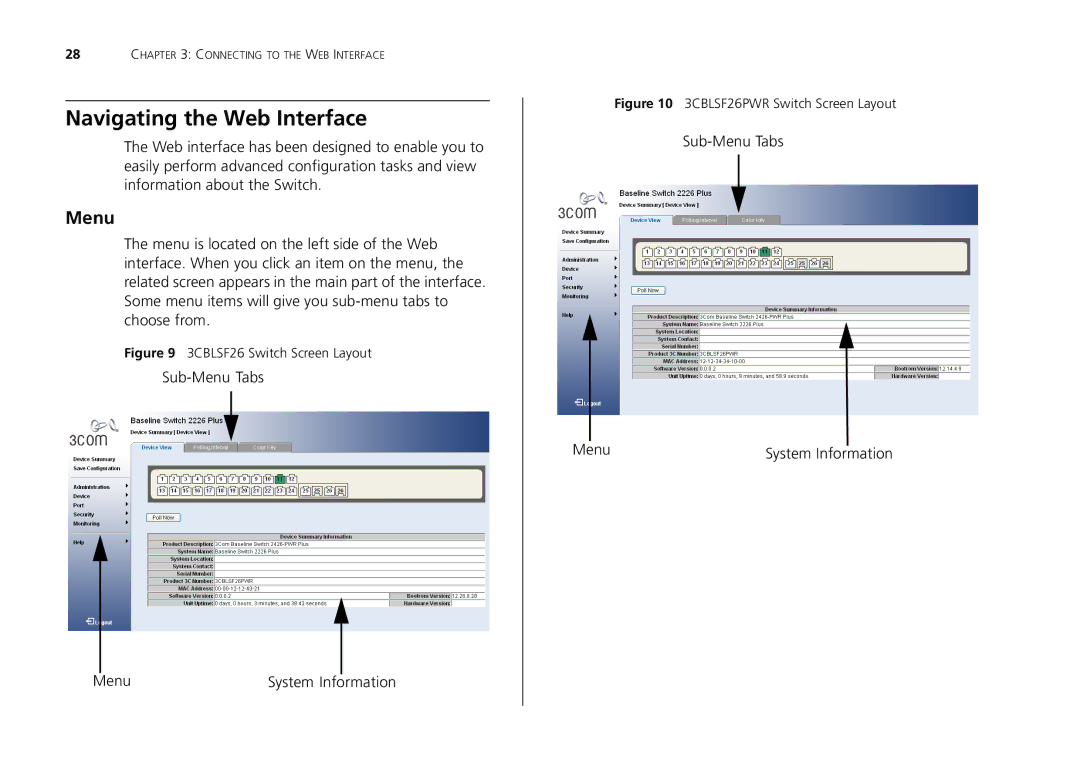 3Com 2250-SFP, 2226-SFP, 2426-PWR manual Navigating the Web Interface, Menu 