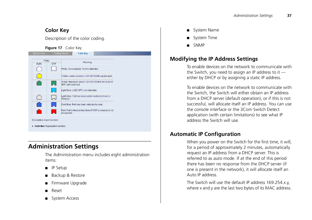 3Com 2250-SFP, 2226-SFP Administration Settings, Modifying the IP Address Settings, Automatic IP Configuration, Color Key 