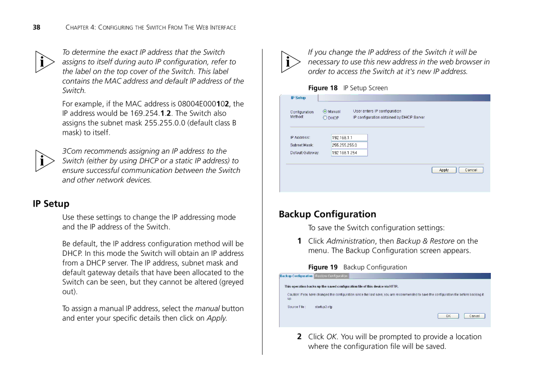 3Com 2426-PWR, 2226-SFP, 2250-SFP manual IP Setup, Backup Configuration 