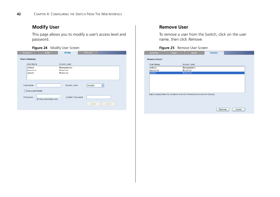 3Com 2226-SFP, 2250-SFP, 2426-PWR manual Modify User, Remove User 
