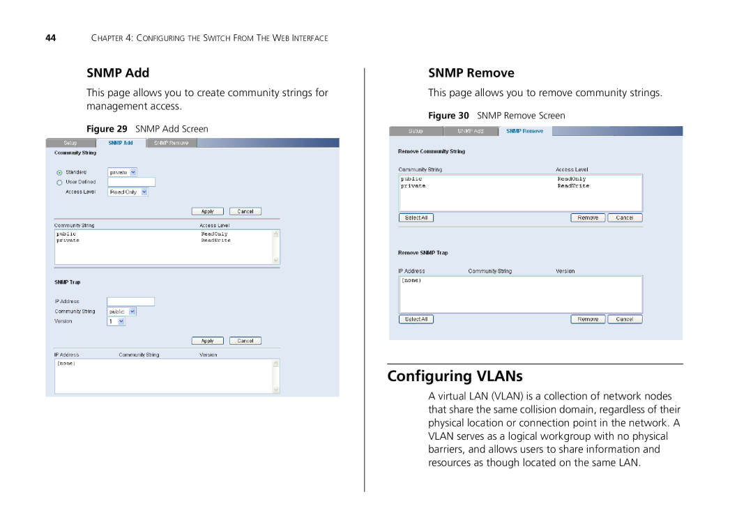 3Com 2426-PWR, 2226-SFP, 2250-SFP manual Configuring VLANs, Snmp Add, Snmp Remove 